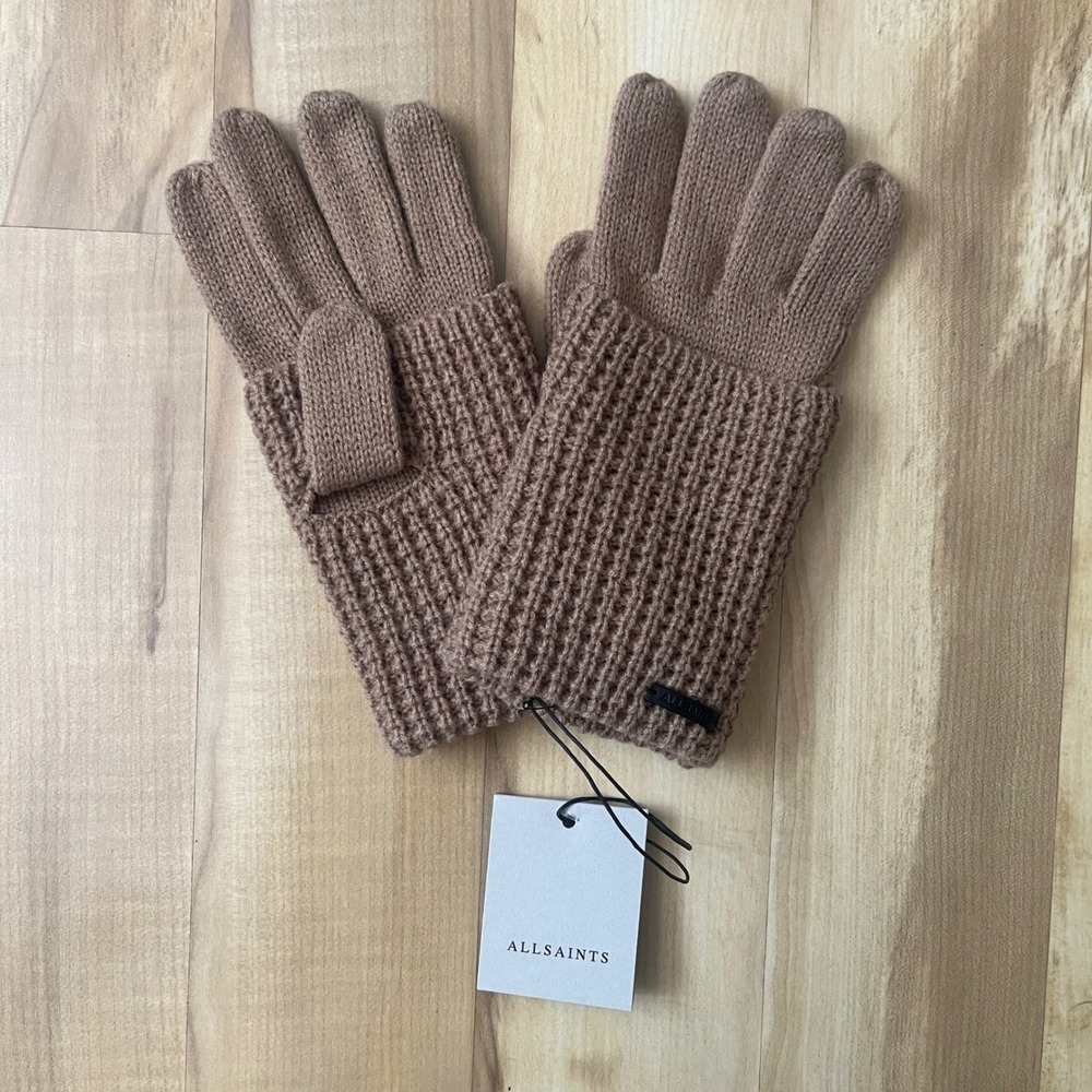 AllSaints Gloves Women's New NWT Tan Waffle Knit Cozy Neutral Scandi Classic